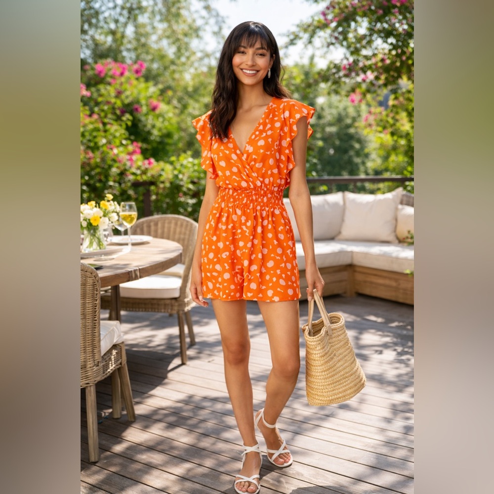Slate & Willow Orange Printed Wrap Romper | RTR | Flutter Sleeve | Size S